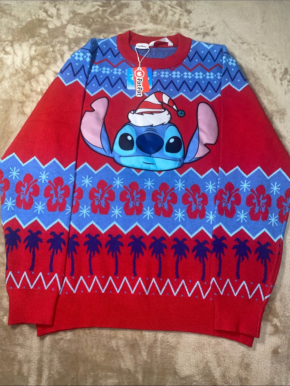 NWT Disney Men's Red and Blue Stitch Holiday Crewneck Sweater